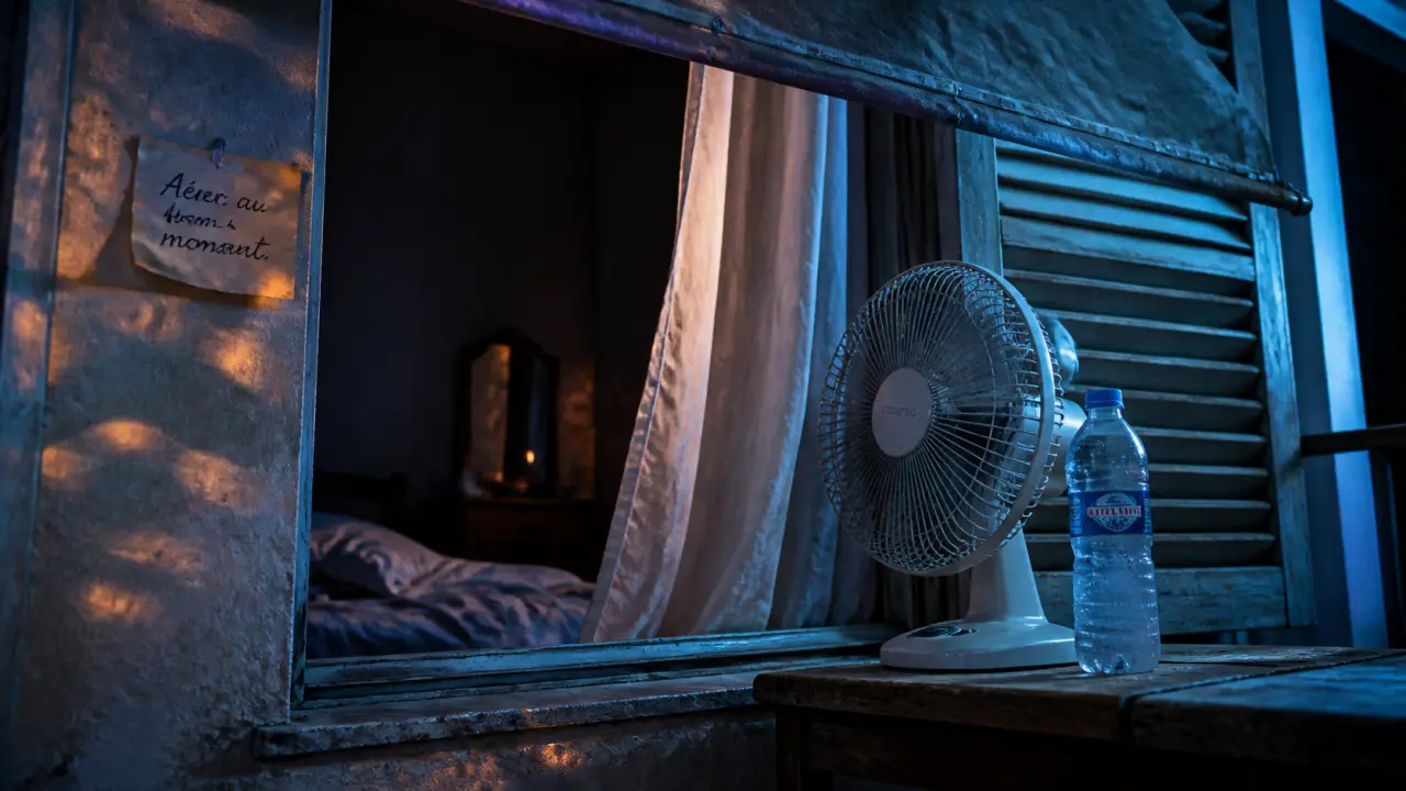 Rafraîchir une pièce sans clim : ventilateur près d’une fenêtre entrouverte la nuit
