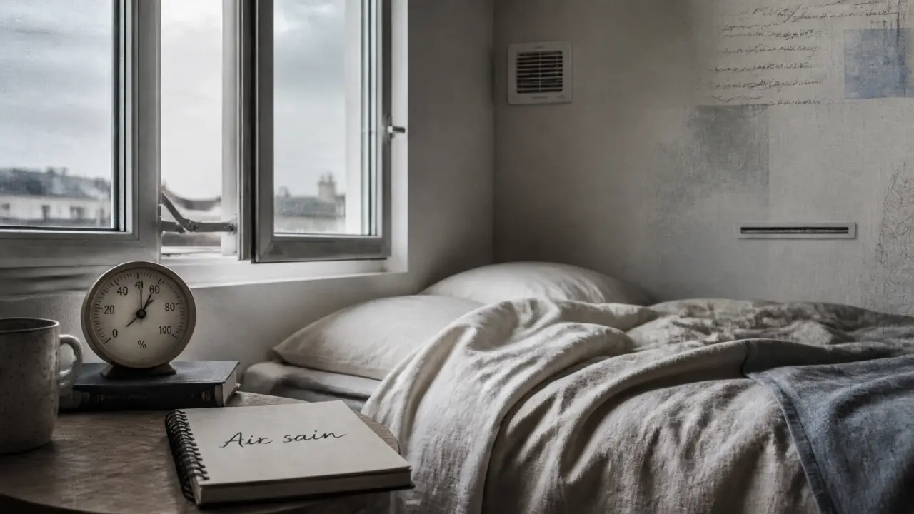 Ventilation chambre : fenêtre ouverte 10 min, hygromètre proche 50% et air sain