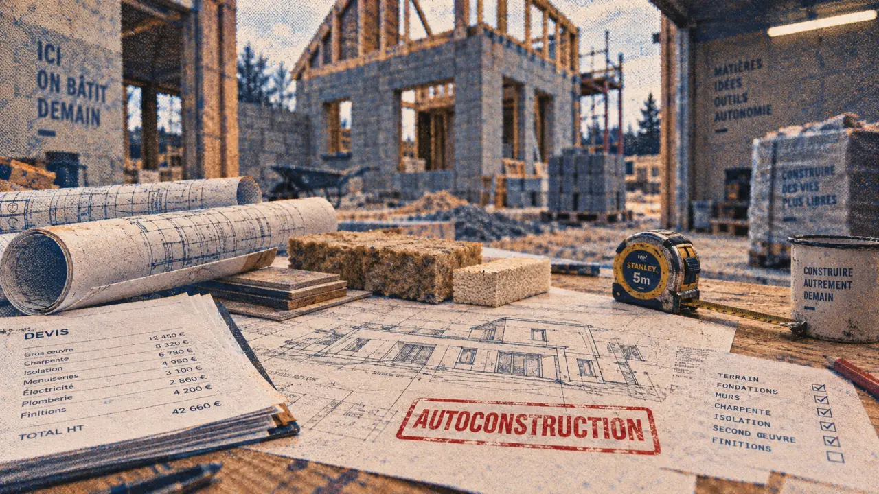 Autoconstruction maison : chantier, plans et isolant sur table