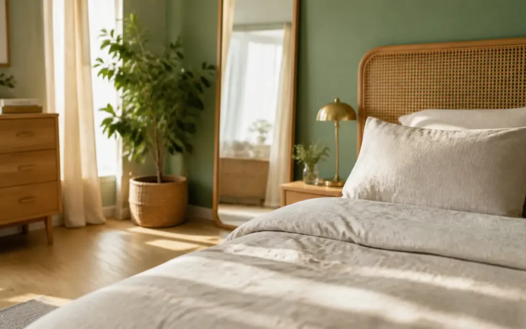 Vert et bois dans la chambre : lumière, matières et nuances pour éviter une pièce trop sombre