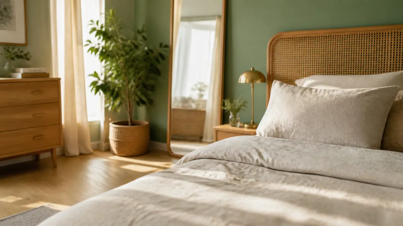 Chambre verte et bois : lit en lin, bois clair, lumière naturelle