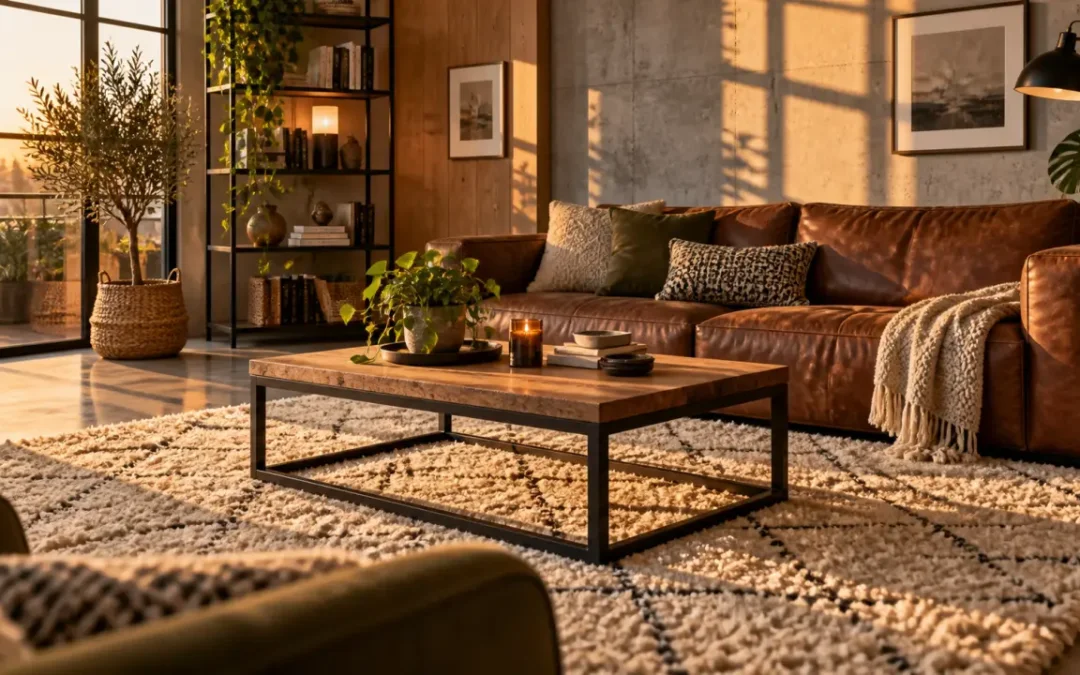 Déco de salon industriel cocooning : gardez le brut, ajoutez la chaleur