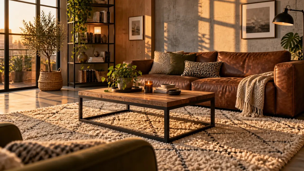 Déco salon industriel cocooning : canapé en cuir cognac et béton, lumière dorée