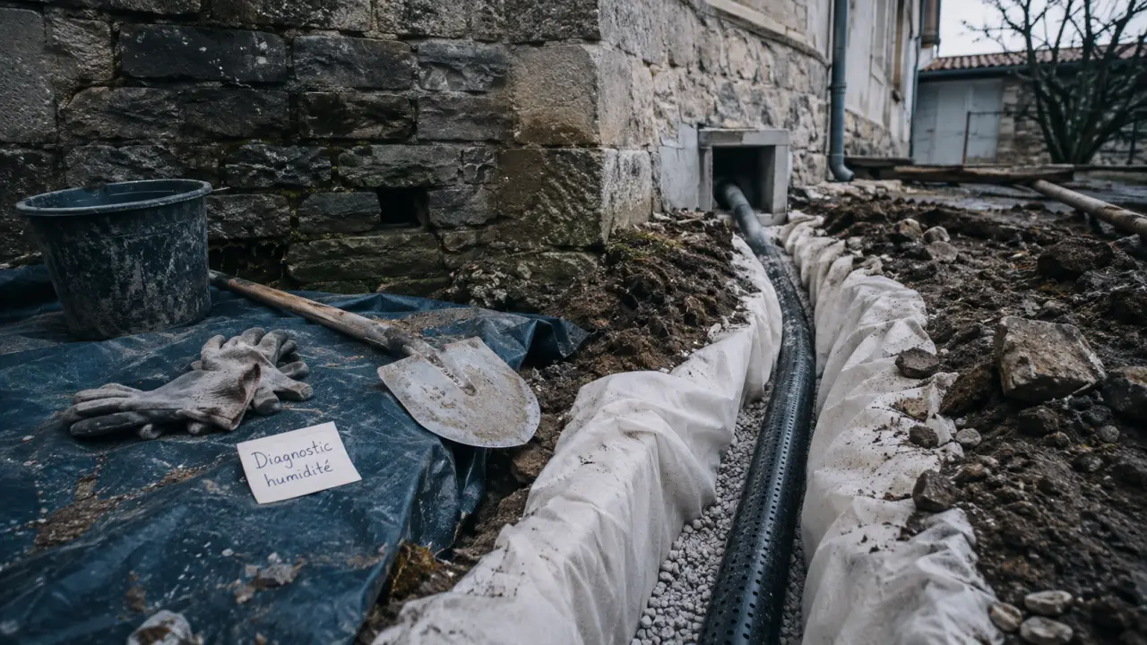 Drainage maison ancienne : tranchée avec tuyau perforé et graviers drainants