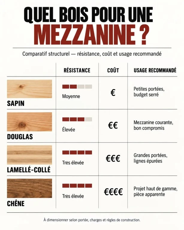 Comparatif des essences de bois pour mezzanine : Sapin, Douglas, Lamellé-collé et Chêne