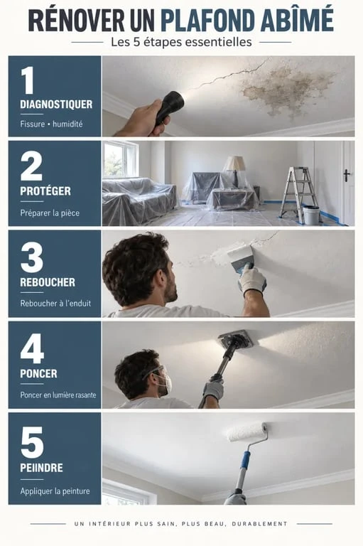 Étapes pour renove plafond abîmé, du diagnostic à la peinture