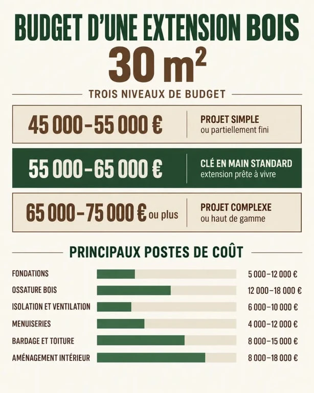 Infographie du budget d’une extension bois de 30 m² avec prix total et principaux postes de coût