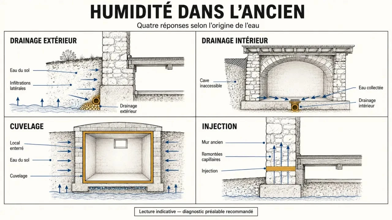 Infographie comparative des solutions de drainage pour une maison ancienne et des remontées capillaires