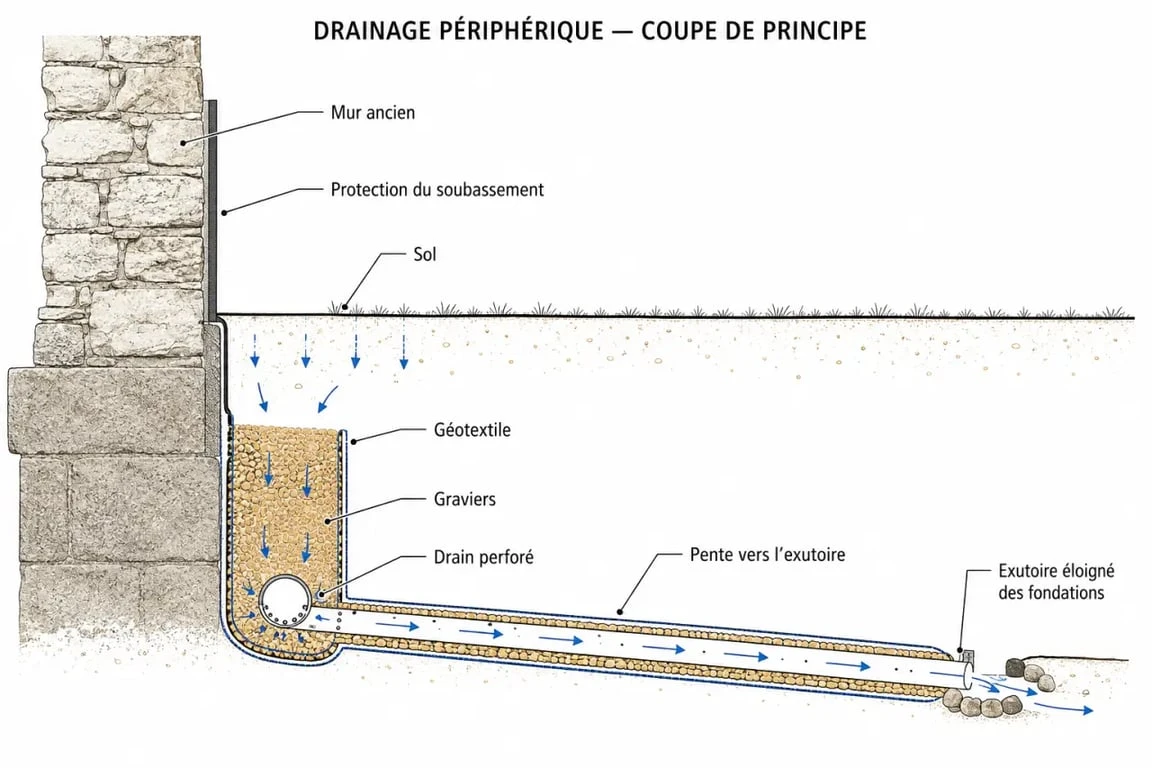 Schéma du drainage d’une maison ancienne avec drain périphérique, pente et exutoire