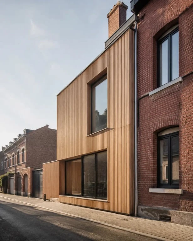 Extension bois Lille sur une maison de ville en briques, vue extérieure réaliste en contexte urbain