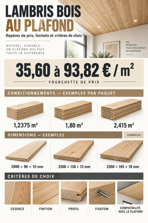 Infographie sur le lambris en bois pour plafond : prix, dimensions, conditionnements et critères de choix