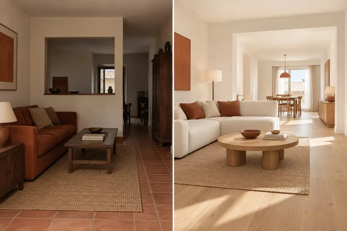 Maison chaleureuse après travaux avec ouverture partielle, lumière naturelle et sol en bois