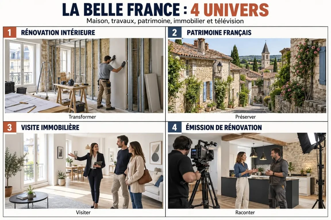 Infographie pour comprendre la requête la belle france fr maison et travaux et distinguer rénovation, patrimoine, immobilier et émission télévisée