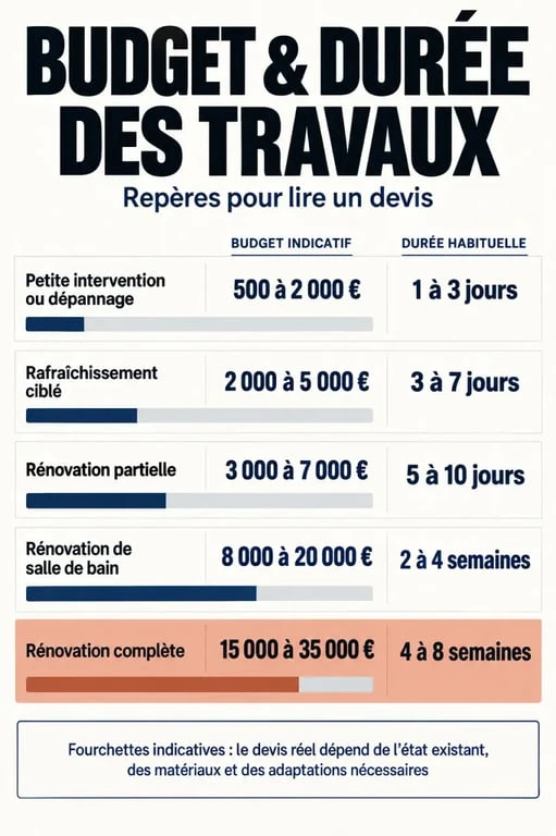 Infographie monde-du-bricolage.com devis travaux avec budgets indicatifs et durées de chantier