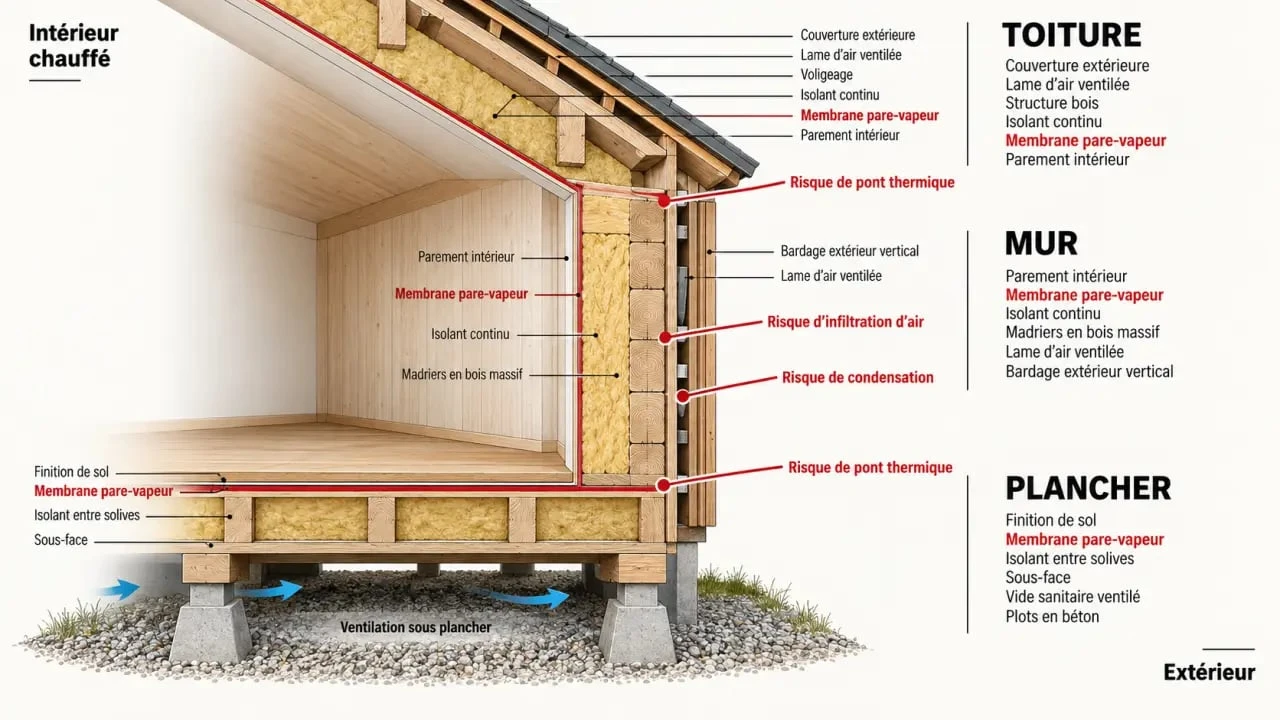 Schéma de l’isolation d’un chalet bois avec toiture, murs, plancher et pare-vapeur