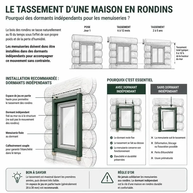 Schéma du tassement d'une maison en rondins de bois et installation des menuiseries