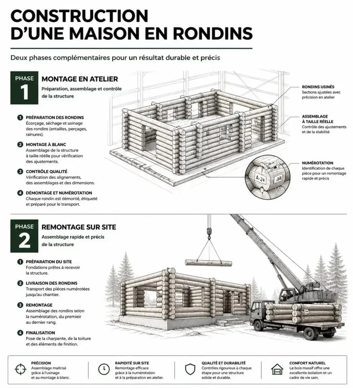 Étapes de construction d'une maison en rondins de bois ou fuste