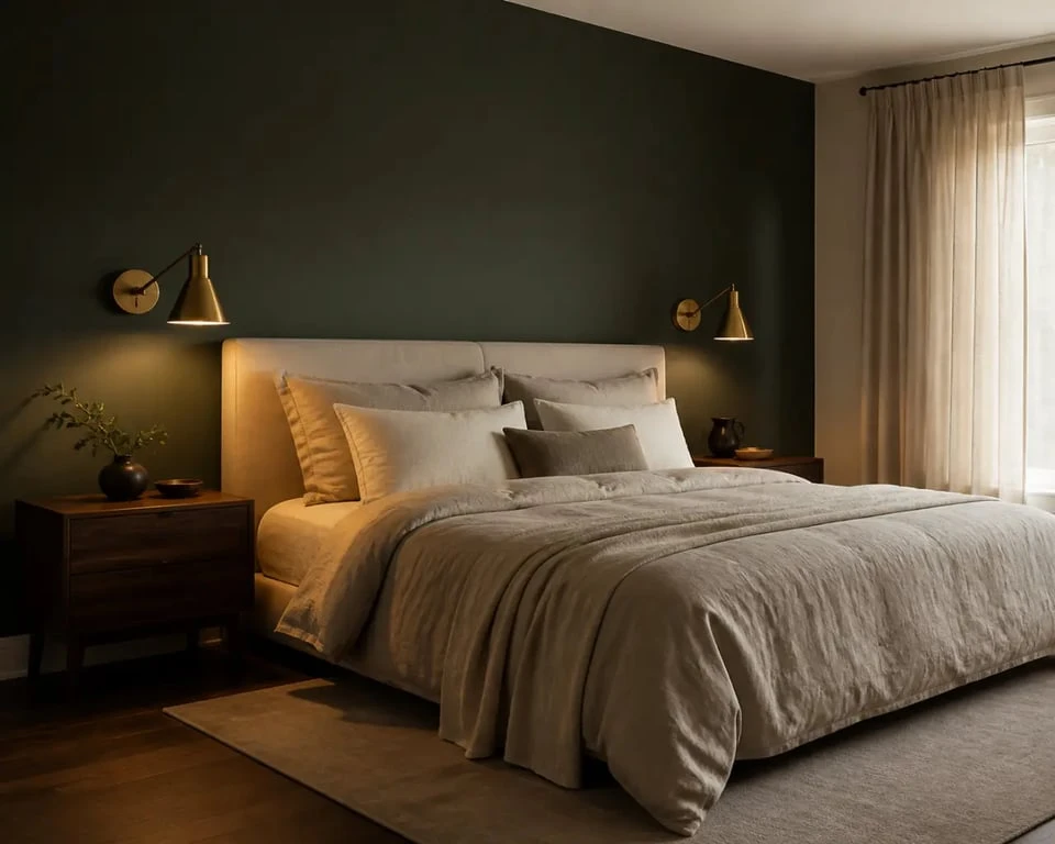 Chambre verte et bois cosy avec vert forêt et bois foncé