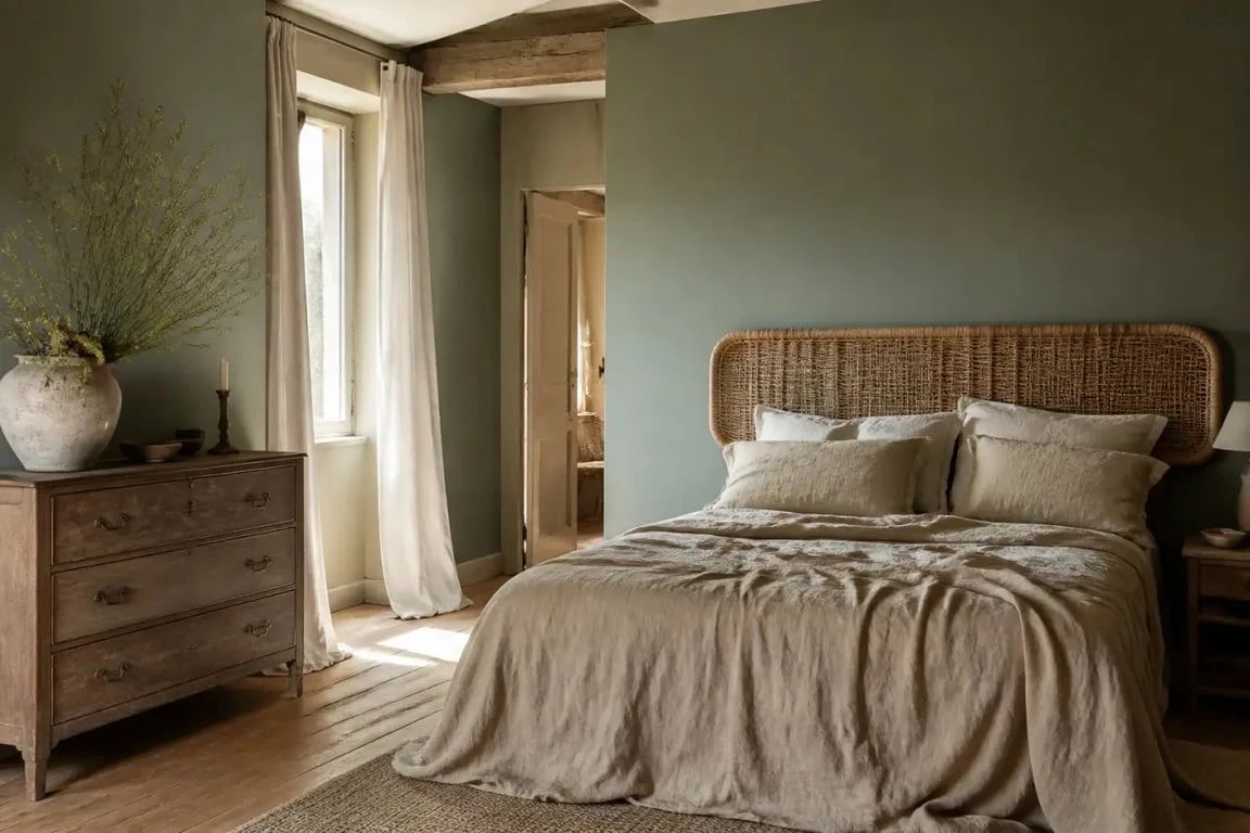 Chambre verte et bois romantique avec vert-de-gris et bois patiné
