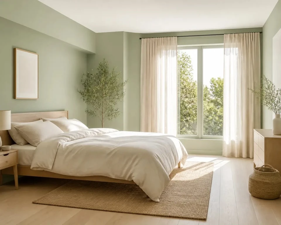 Chambre verte et bois style scandinave avec vert sauge et bois clair