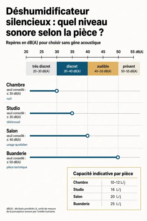 Déshumidificateur silencieux : comparatif des dB(A) par pièce et capacité recommandée