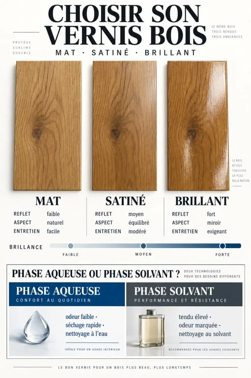 Comparatif visuel des finitions de vernis pour meuble en bois : mat, satiné et brillant