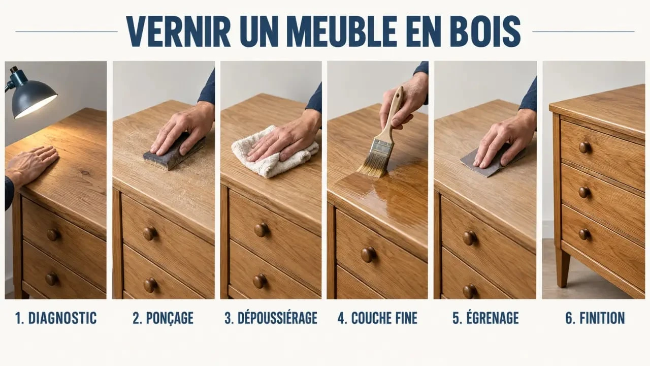 Étapes du vernissage d’un meuble en bois, du ponçage à l’application des couches fines