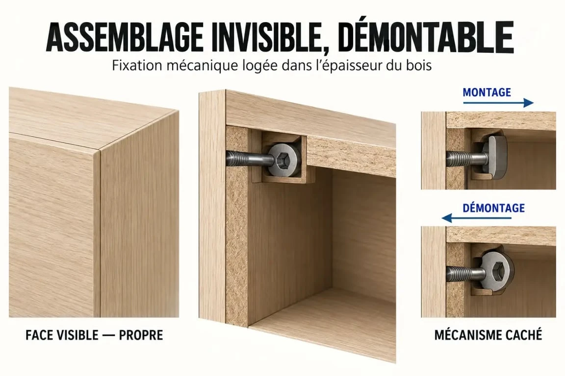 Schéma d’un assemblage invisible bois démontable avec fixation cachée dans un caisson