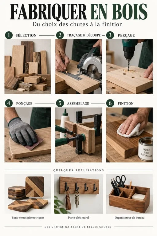 Étapes pour fabriquer des objets en bois, de la découpe à la finition