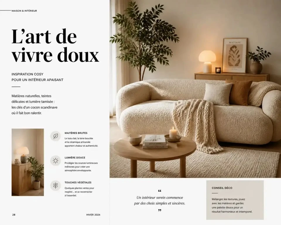 Salon cocooning scandinave avec canapé en bouclette et décoration chaleureuse