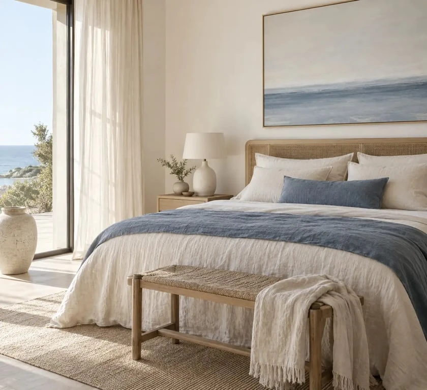 Chambre apaisante dans une ambiance bord de mer chic avec linge en lin et tons sable