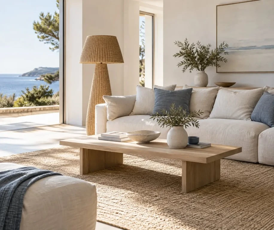 Salon lumineux dans une ambiance bord de mer chic avec lin, bois clair et bleu grisé
