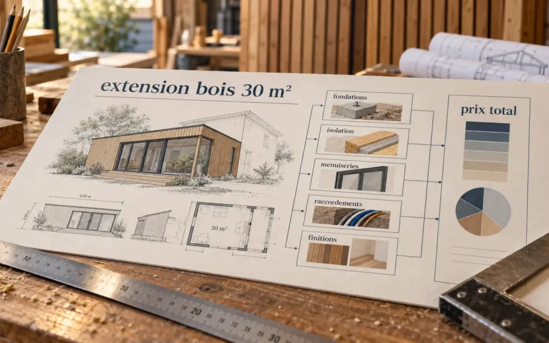 Extension bois de 30 m² : prévoyez 45 000 à 75 000 € selon le terrain et les finitions