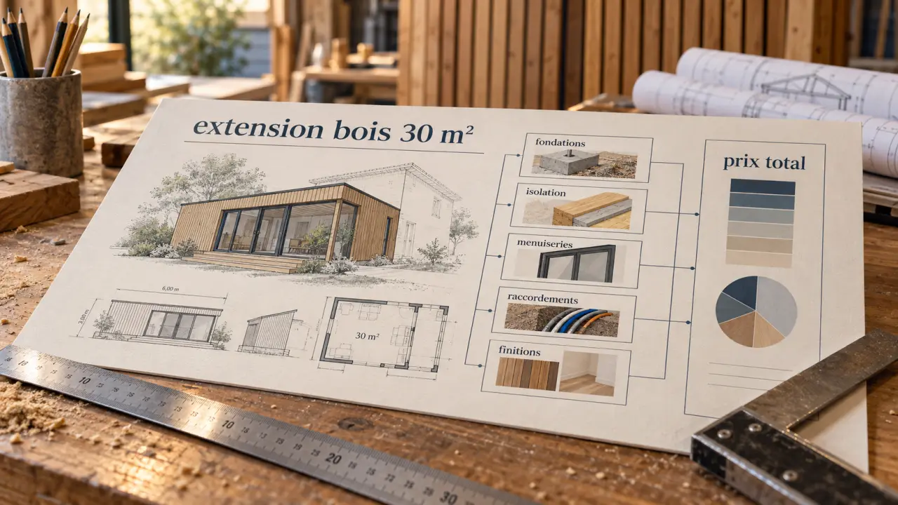 Extension bois 30m2 : prix selon fondations, isolation, menuiseries, finitions