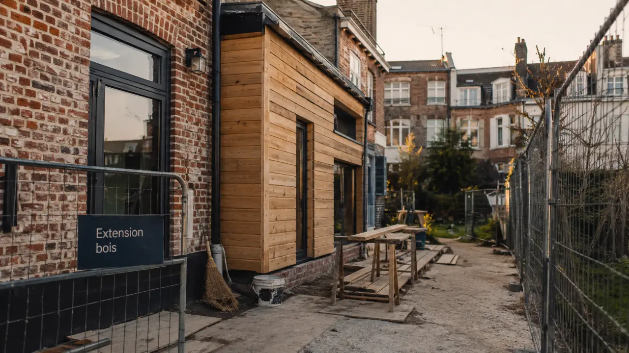 Extension bois Lille : façade bois récente sur maison, chantier léger