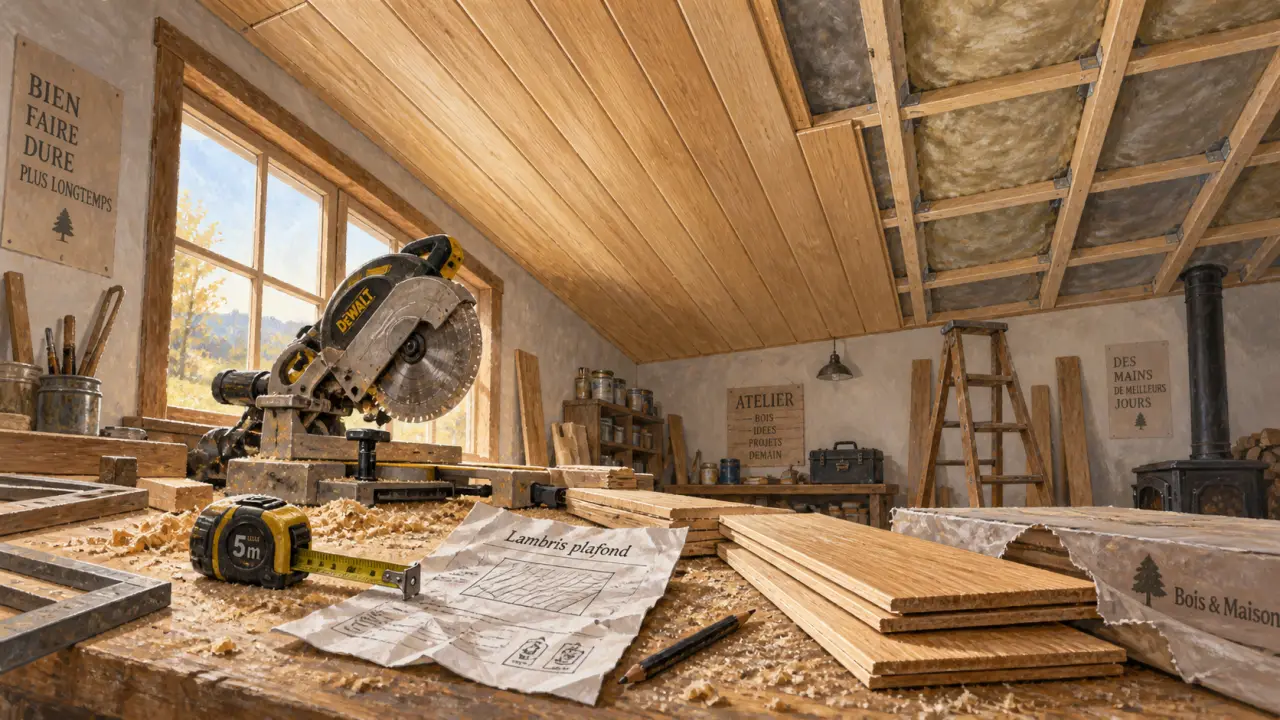 Lambris en bois pour plafond, lames alignées pour éviter les ombres