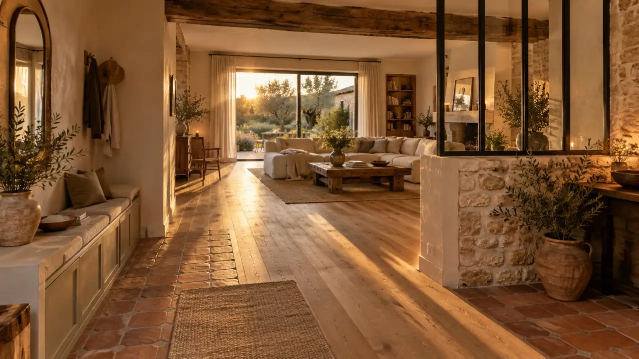 Maison chaleureuse com travaux : salon rénové avec lumière dorée