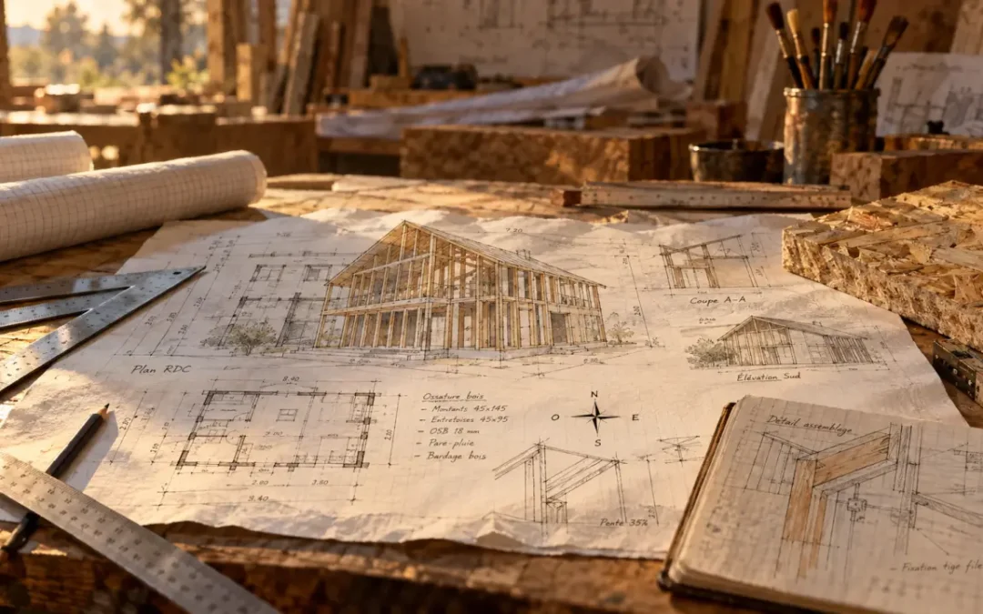 Un plan de maison à ossature bois relie les usages, le terrain et les détails constructifs