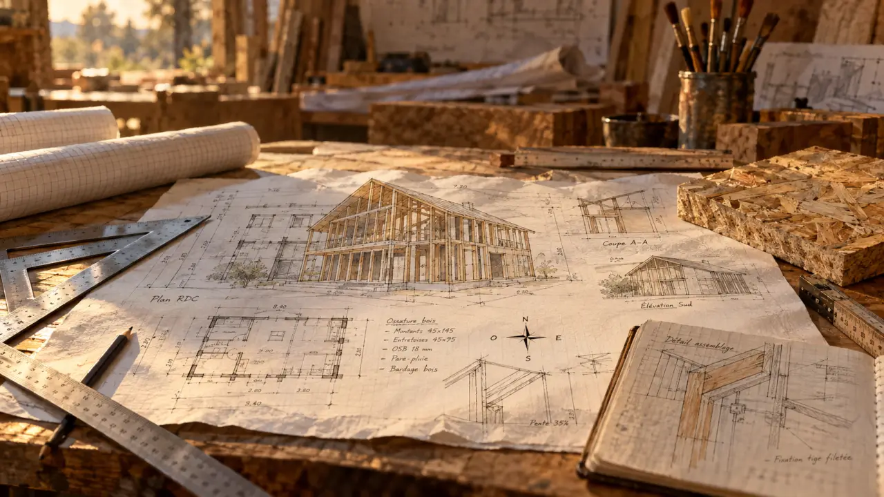 Ossature maison bois plan, détails constructifs sur table