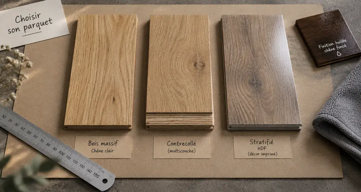 3 types de parquet à comparer : type de parquet massif, contrecollé, stratifié Type de parquet : massif, contrecollé et stratifié, comparaison en vue de dessus