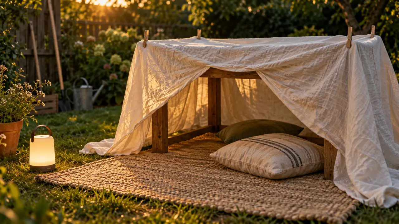Cabane facile à faire avec drap sous la table en jardin