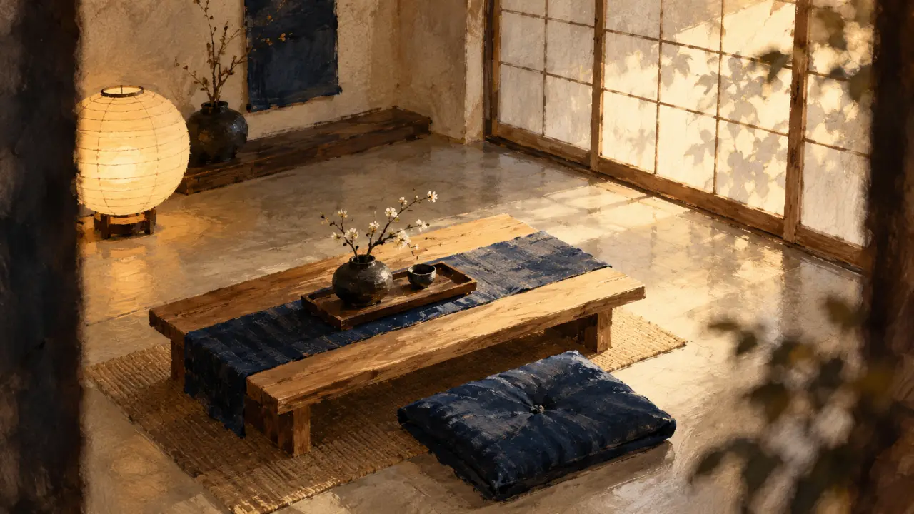 Déco japonaise : salon minimal avec lumière douce, matières naturelles et shoji