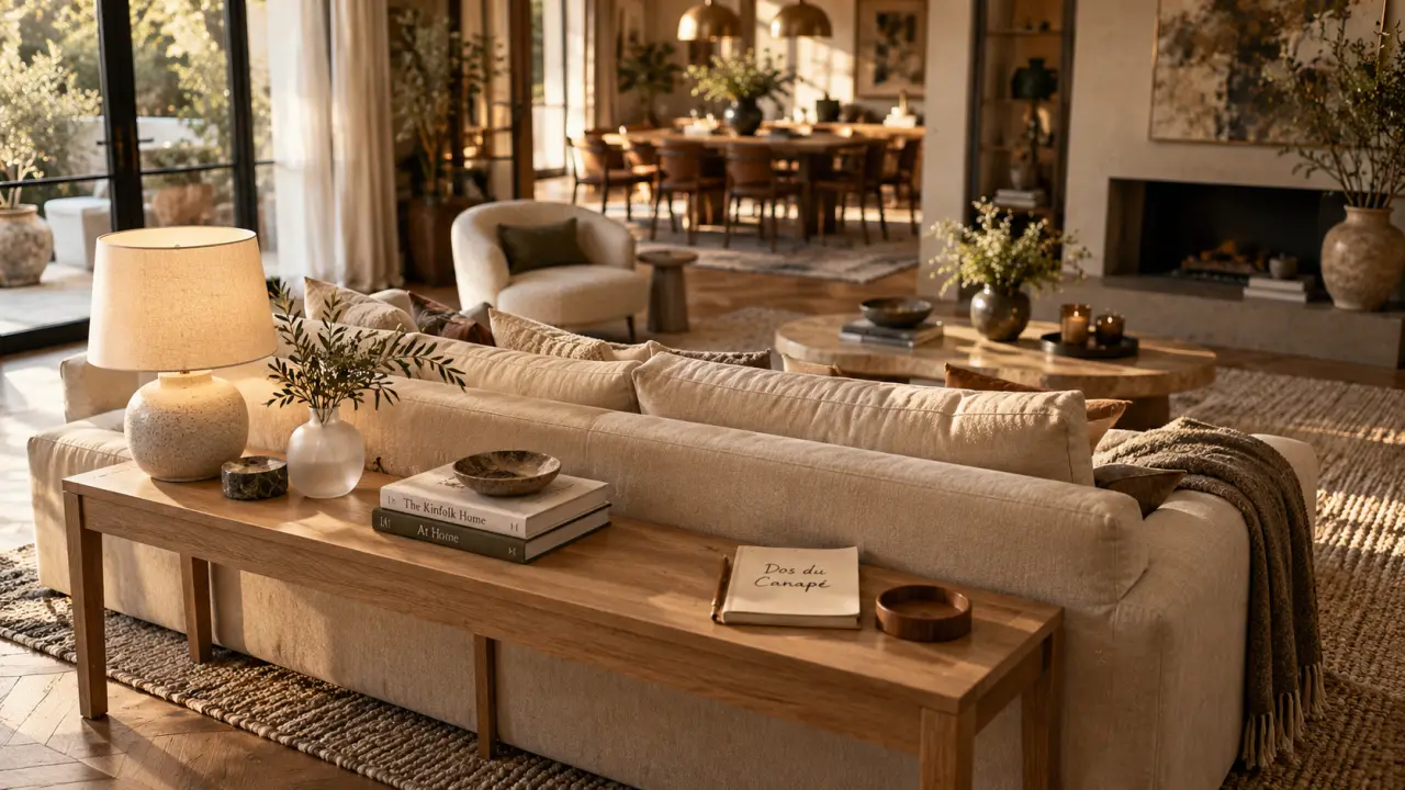 Décoration derrière canapé : console fine en chêne clair derrière un canapé beige