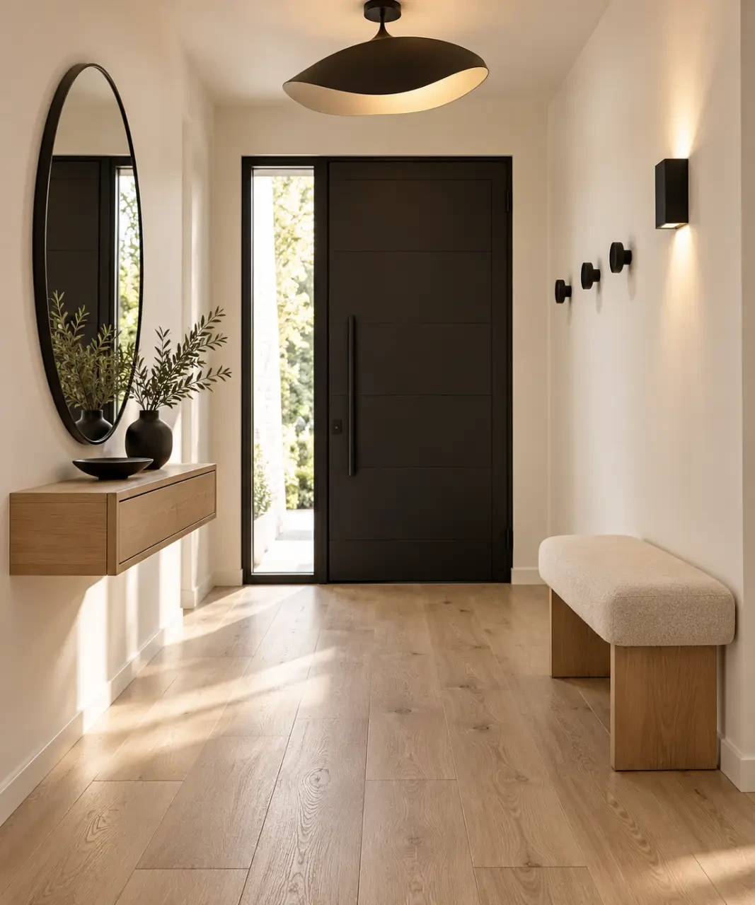 Déco hall d'entrée chic avec console suspendue, miroir arrondi et rangements discrets