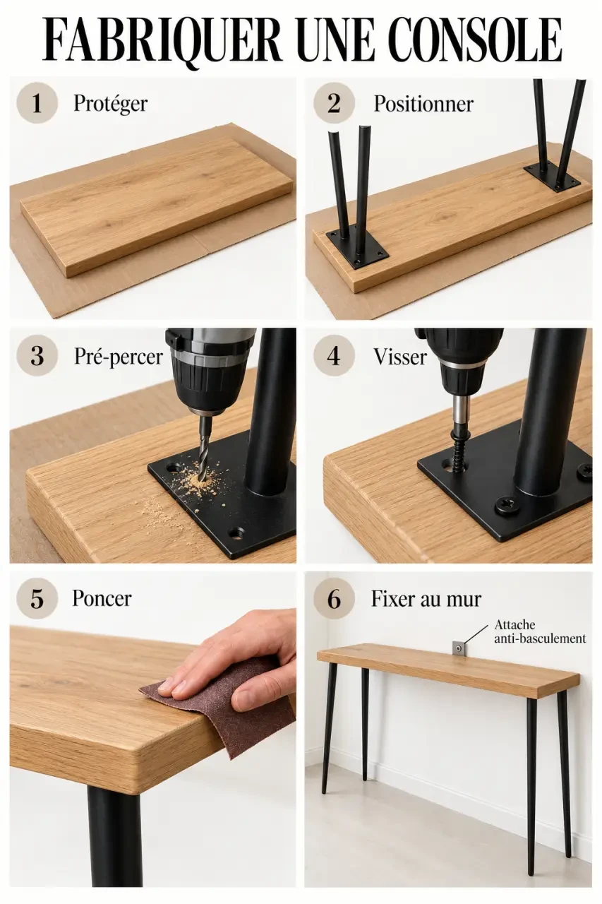 Étapes pour fabriquer console bois avec plateau, pieds en acier et fixation murale