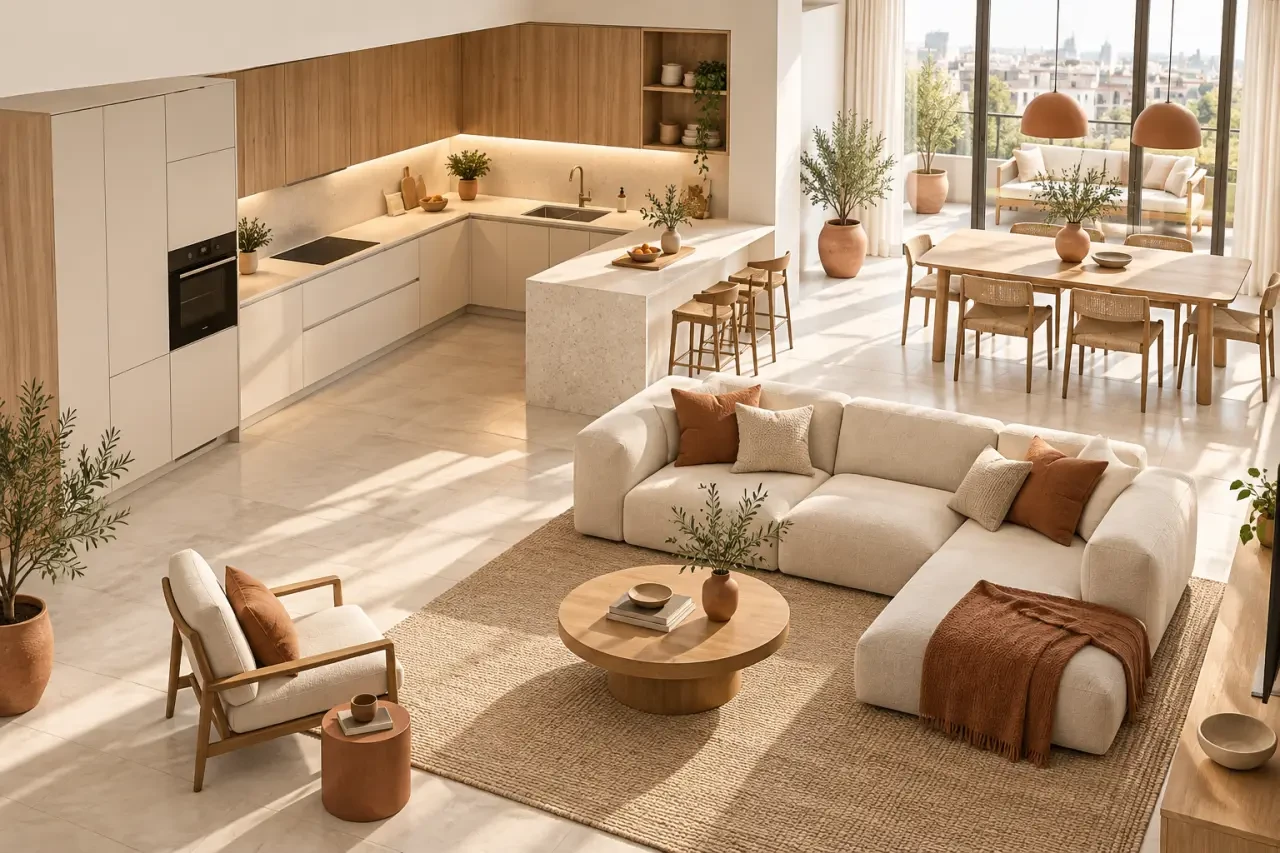 Salon ouvert cuisine avec péninsule, circulation fluide et séparation légère entre les espaces