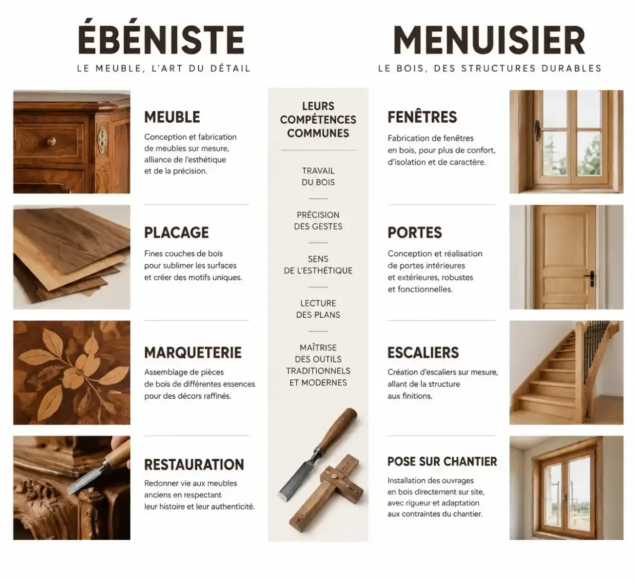 Différences entre ébéniste et menuisier : spécialités, projets et compétences communes