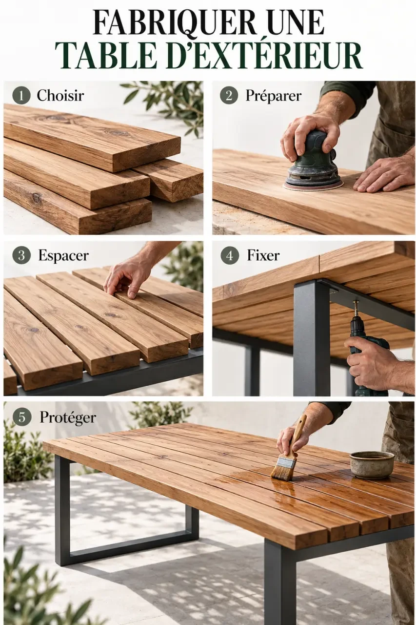 Étapes pour fabriquer table extérieur bois avec plateau à lames et piètements métalliques