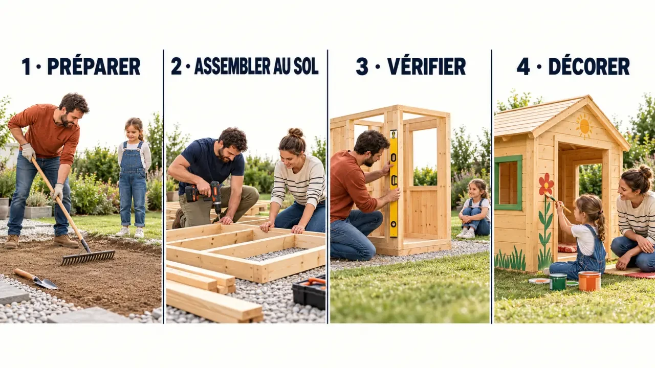 Illustration des étapes pour fabriquer une cabane facile à faire en bois au niveau du sol