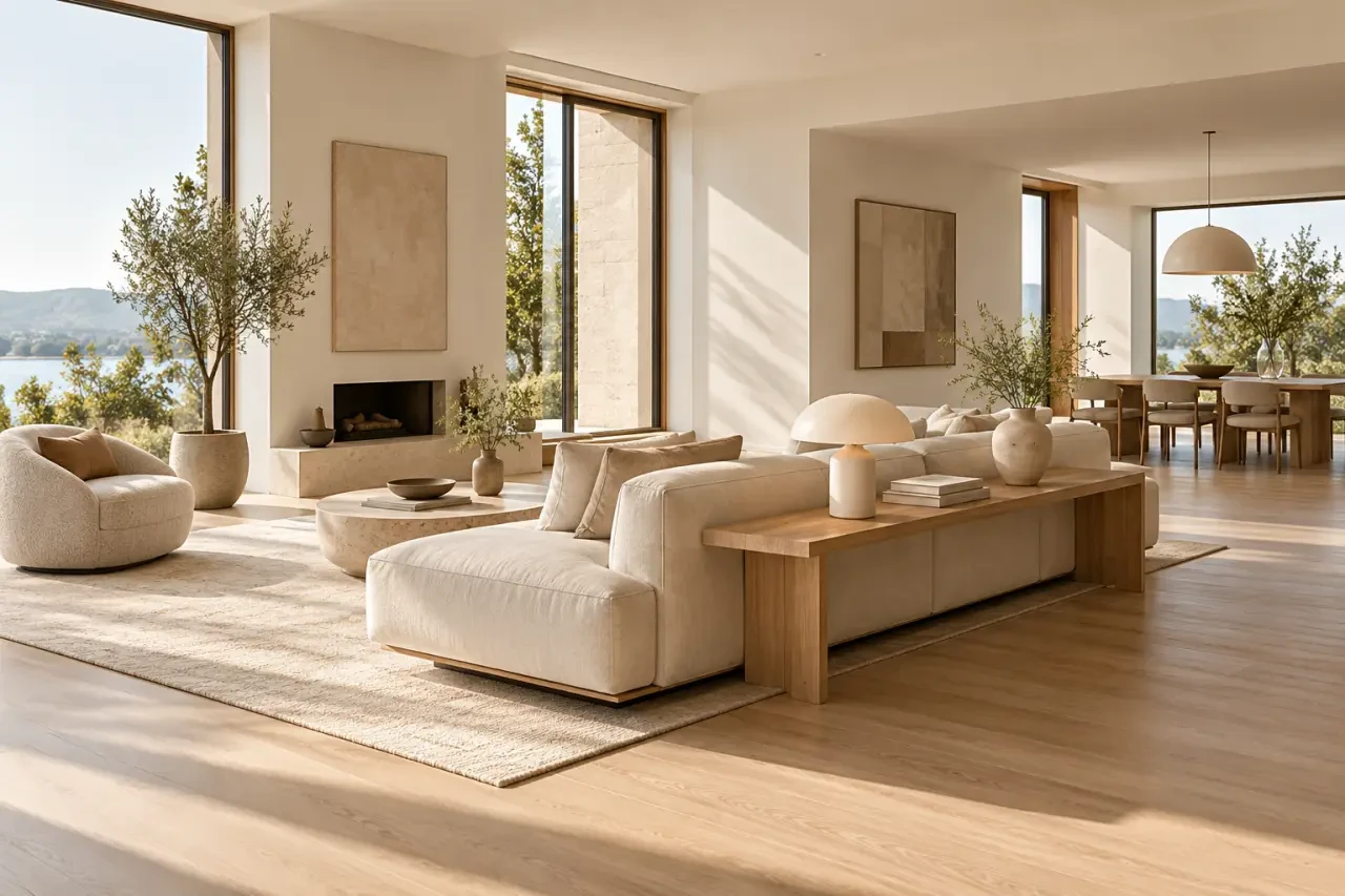 Décoration derrière canapé avec console fine dans un salon ouvert